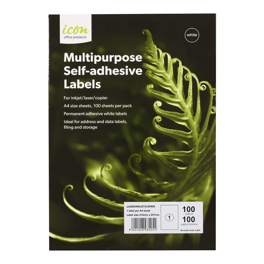 Icon Multipurpose Labels 1 Per Sheet 210x297mm, Pack of 100 - Cafe Supply