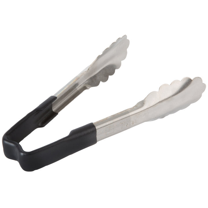 6-inch stainless steel one-piece scalloped tongs with black Kool-Touch® handle - Cafe Supply
