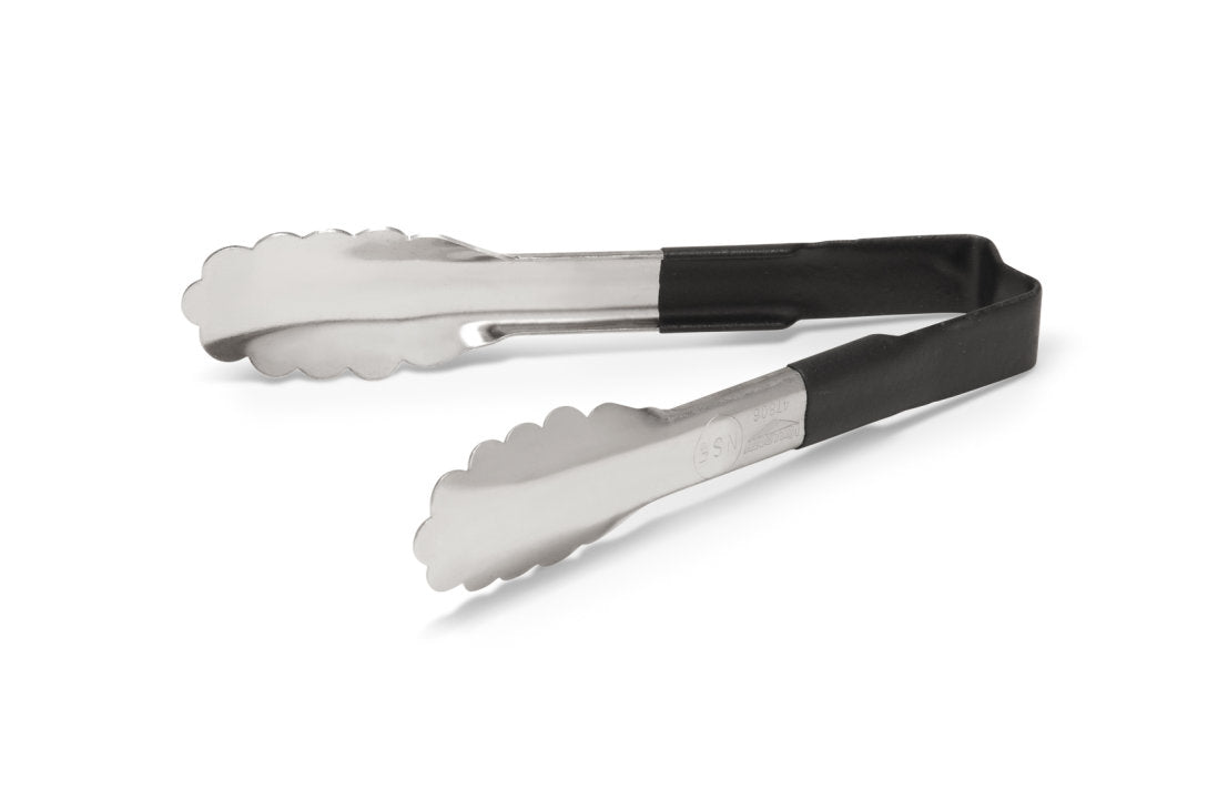 6-inch stainless steel one-piece scalloped tongs with black Kool-Touch® handle - Cafe Supply