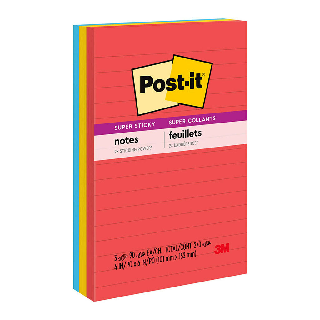 Post-it Super Sticky Lined Notes 660-3SSAN 101x152mm Primaries (Marrakesh), Pack of 3 - Cafe Supply