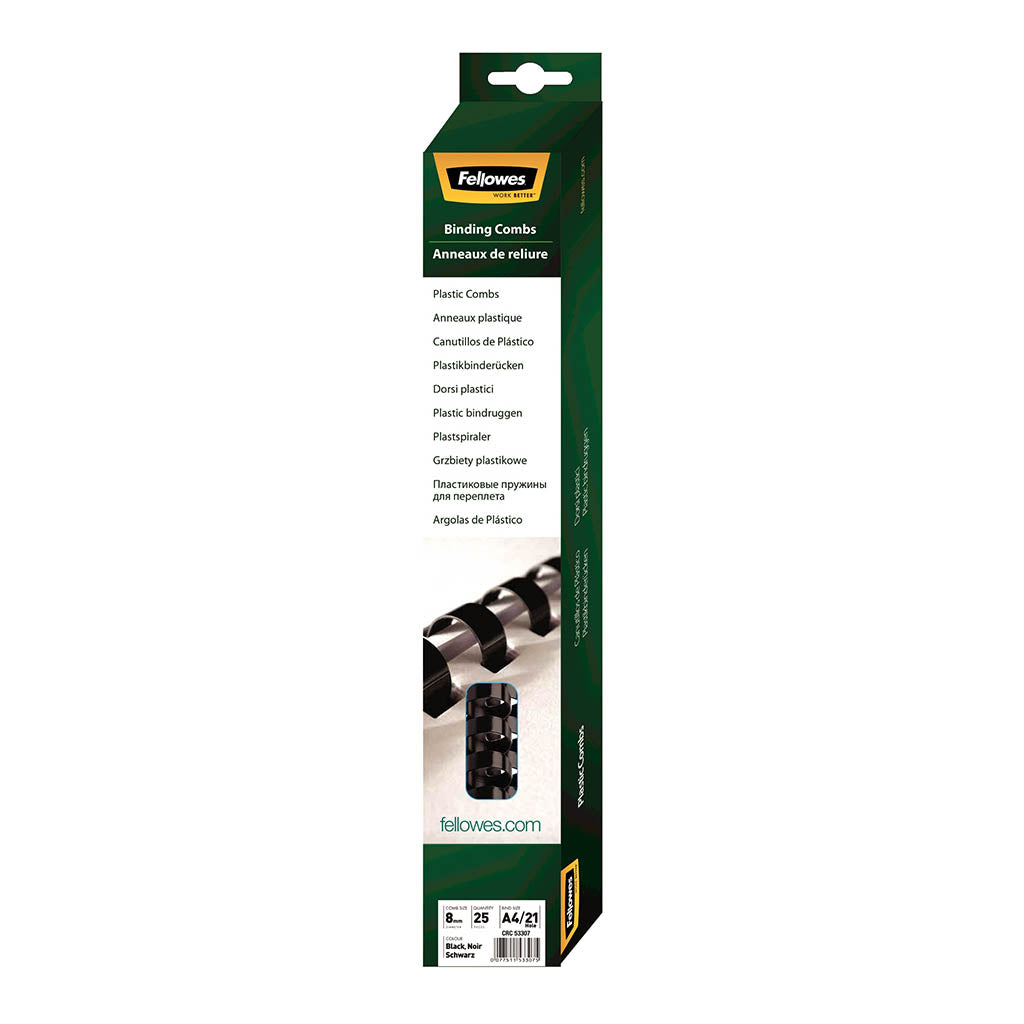 Fellowes Plastic Binding Coils 8mm Black, Pack of 25 - Cafe Supply