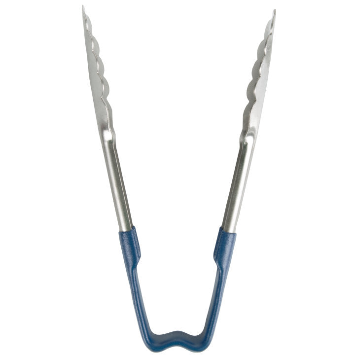 6-inch stainless steel one-piece scalloped tongs with blue Kool-Touch® handle - Cafe Supply