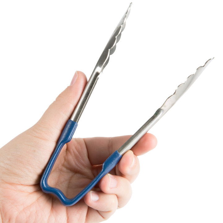6-inch stainless steel one-piece scalloped tongs with blue Kool-Touch® handle - Cafe Supply
