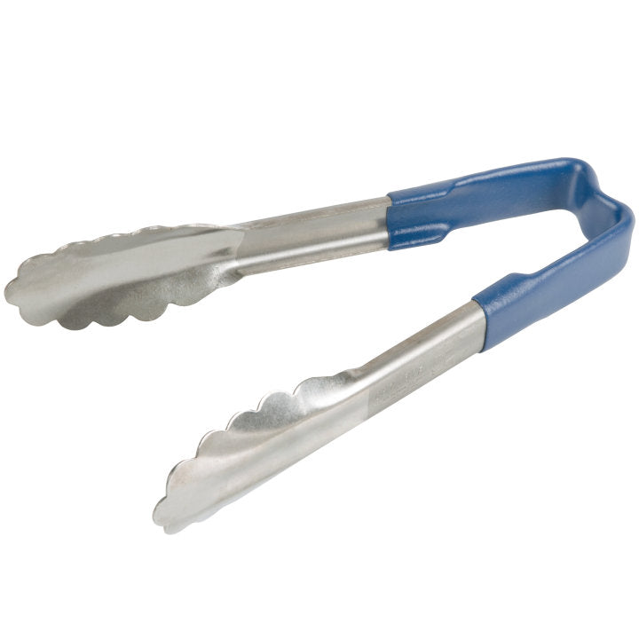 6-inch stainless steel one-piece scalloped tongs with blue Kool-Touch® handle - Cafe Supply