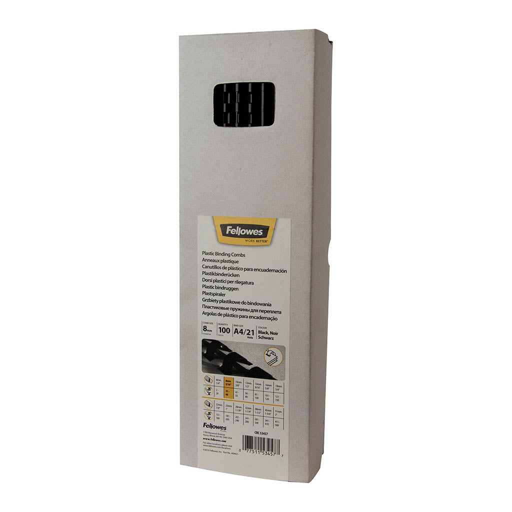 Fellowes Plastic Binding Coils 8mm Black, Pack of 100 - Cafe Supply