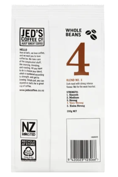 Jed's Coffee Co. #4 Very Strong Strength Whole Beans Coffee 200g - Cafe Supply