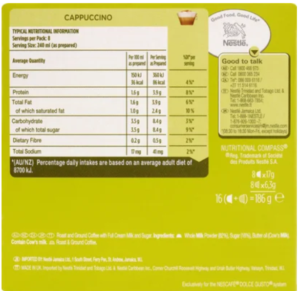 Nescafe Dolce Gusto Cappuccino Coffee Capsules 16pk - Cafe Supply