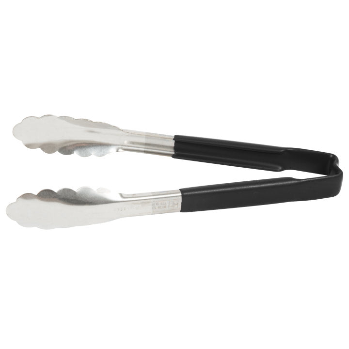 9 ½-inch stainless steel one-piece scalloped tongs with black Kool-Touch® handle - Cafe Supply