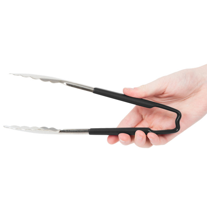 9 ½-inch stainless steel one-piece scalloped tongs with black Kool-Touch® handle - Cafe Supply