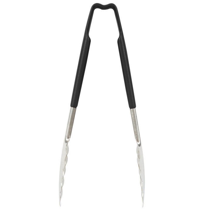 9 ½-inch stainless steel one-piece scalloped tongs with black Kool-Touch® handle - Cafe Supply