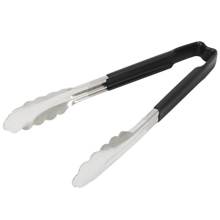 9 ½-inch stainless steel one-piece scalloped tongs with black Kool-Touch® handle - Cafe Supply