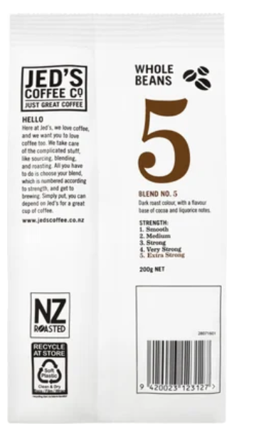 Jed's Coffee Co. #5 Extra Strong Strength Whole Beans Coffee 200g - Cafe Supply