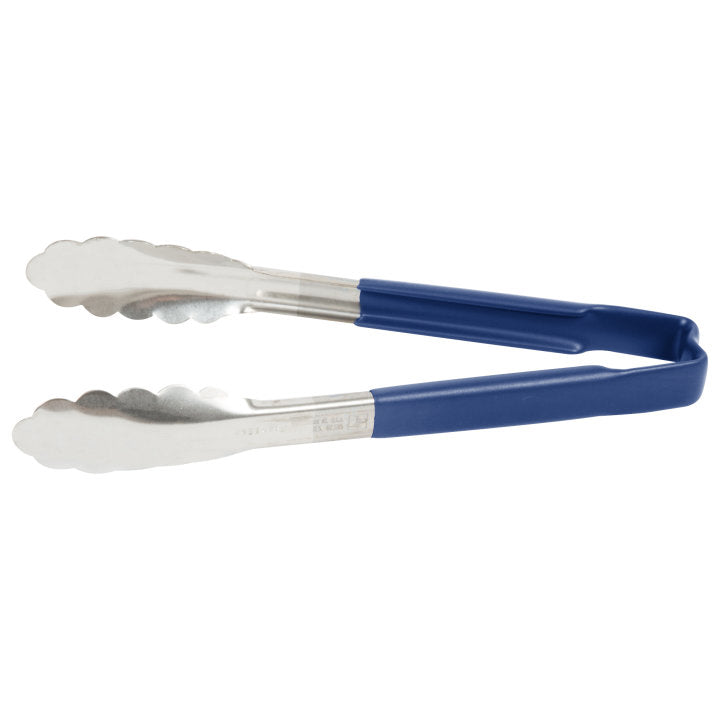 9 ½-inch stainless steel one-piece scalloped tongs with blue Kool-Touch® handle - Cafe Supply