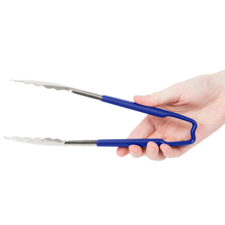 9 ½-inch stainless steel one-piece scalloped tongs with blue Kool-Touch® handle - Cafe Supply