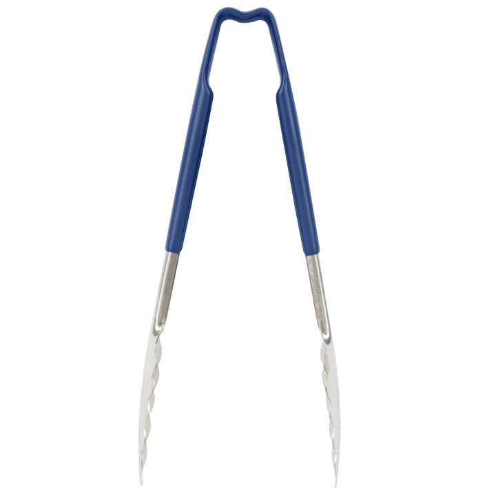 9 ½-inch stainless steel one-piece scalloped tongs with blue Kool-Touch® handle - Cafe Supply