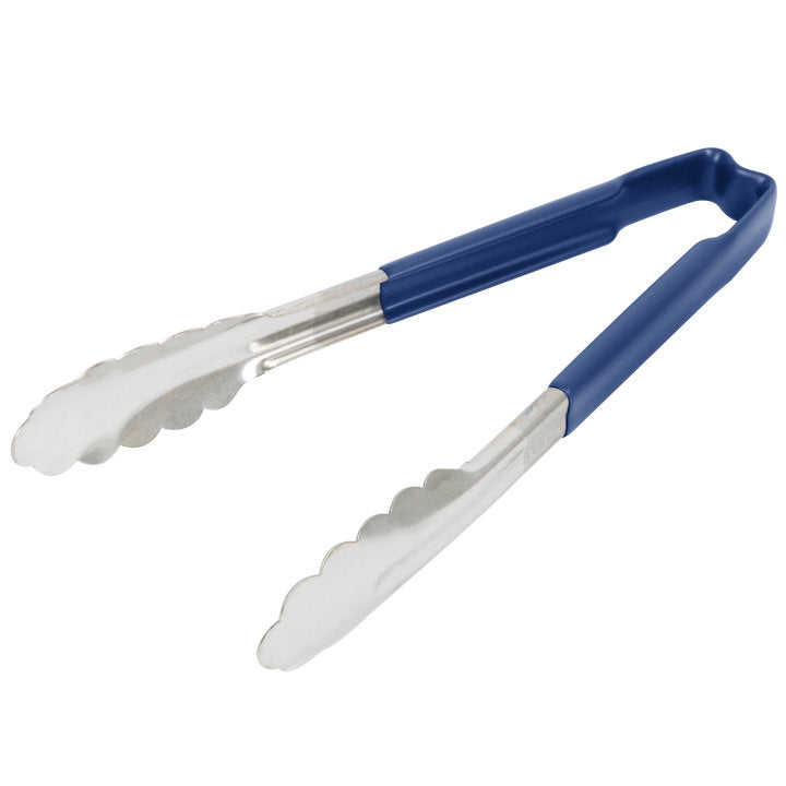 9 ½-inch stainless steel one-piece scalloped tongs with blue Kool-Touch® handle - Cafe Supply