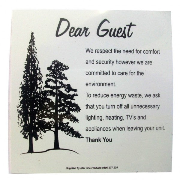 Dear Guest Reduce Energy Waste Sign PVC - Cafe Supply