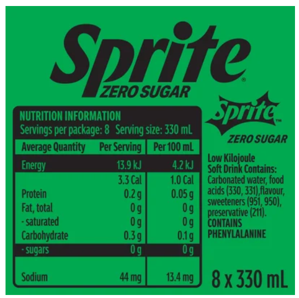 Sprite Zero Sugar Natural Flavour Soft Drink Cans 8 x 330ml - Cafe Supply