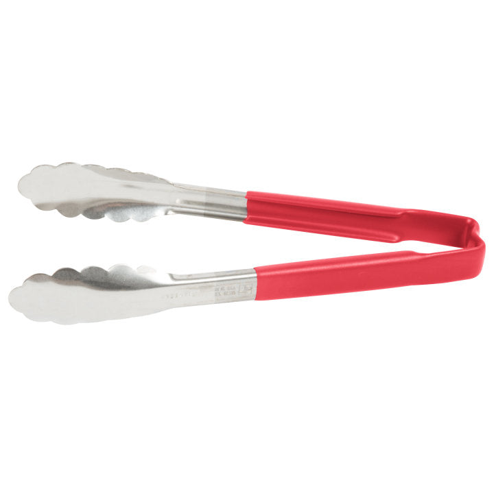 9 ½-inch stainless steel one-piece scalloped tongs with red Kool-Touch® handle - Cafe Supply