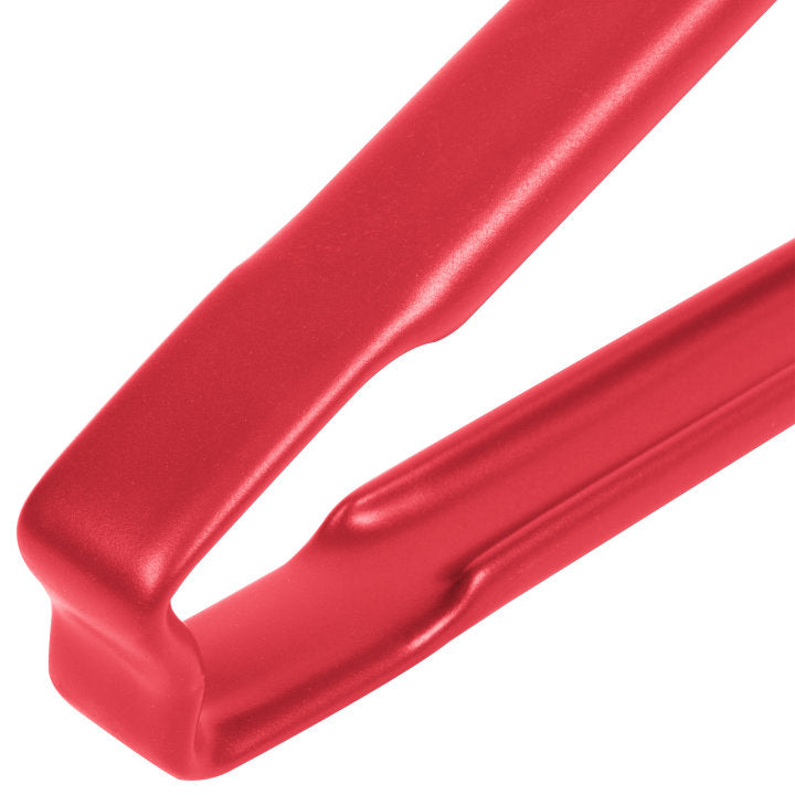 9 ½-inch stainless steel one-piece scalloped tongs with red Kool-Touch® handle - Cafe Supply