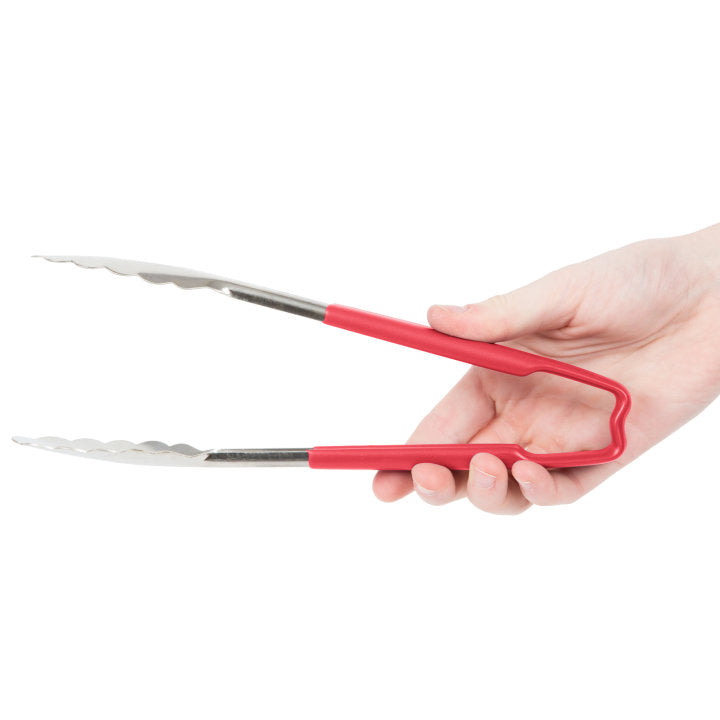9 ½-inch stainless steel one-piece scalloped tongs with red Kool-Touch® handle - Cafe Supply