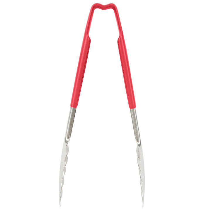 9 ½-inch stainless steel one-piece scalloped tongs with red Kool-Touch® handle - Cafe Supply