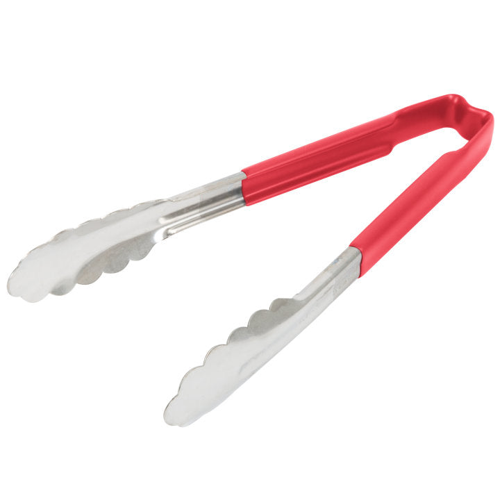 9 ½-inch stainless steel one-piece scalloped tongs with red Kool-Touch® handle - Cafe Supply