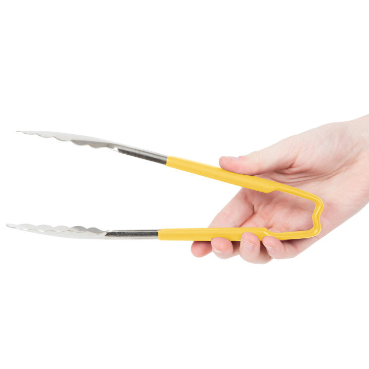 9 ½-inch stainless steel one-piece scalloped tongs with yellow Kool-Touch® handle - Cafe Supply