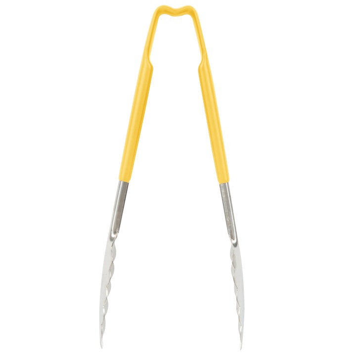 9 ½-inch stainless steel one-piece scalloped tongs with yellow Kool-Touch® handle - Cafe Supply