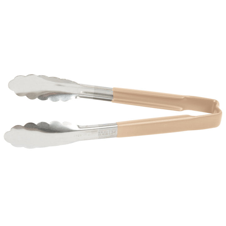 9 ½-inch stainless steel one-piece scalloped tongs with tan Kool-Touch® handle - Cafe Supply