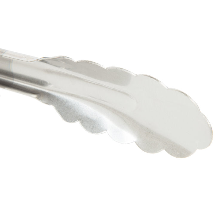 9 ½-inch stainless steel one-piece scalloped tongs with tan Kool-Touch® handle - Cafe Supply