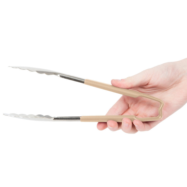 9 ½-inch stainless steel one-piece scalloped tongs with tan Kool-Touch® handle - Cafe Supply