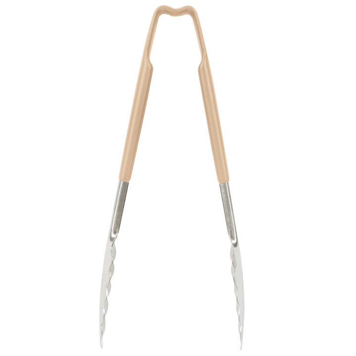 9 ½-inch stainless steel one-piece scalloped tongs with tan Kool-Touch® handle - Cafe Supply