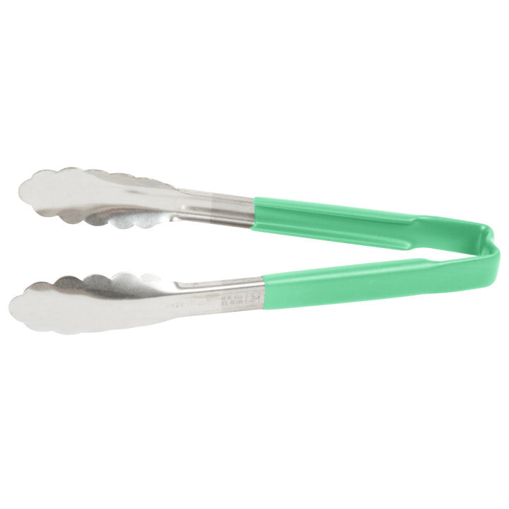 9 ½-inch stainless steel one-piece scalloped tongs with green Kool-Touch® handle - Cafe Supply