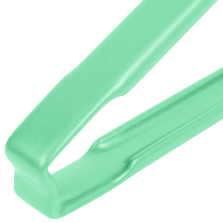 9 ½-inch stainless steel one-piece scalloped tongs with green Kool-Touch® handle - Cafe Supply