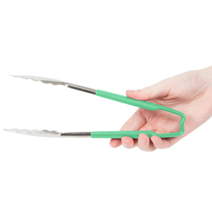 9 ½-inch stainless steel one-piece scalloped tongs with green Kool-Touch® handle - Cafe Supply