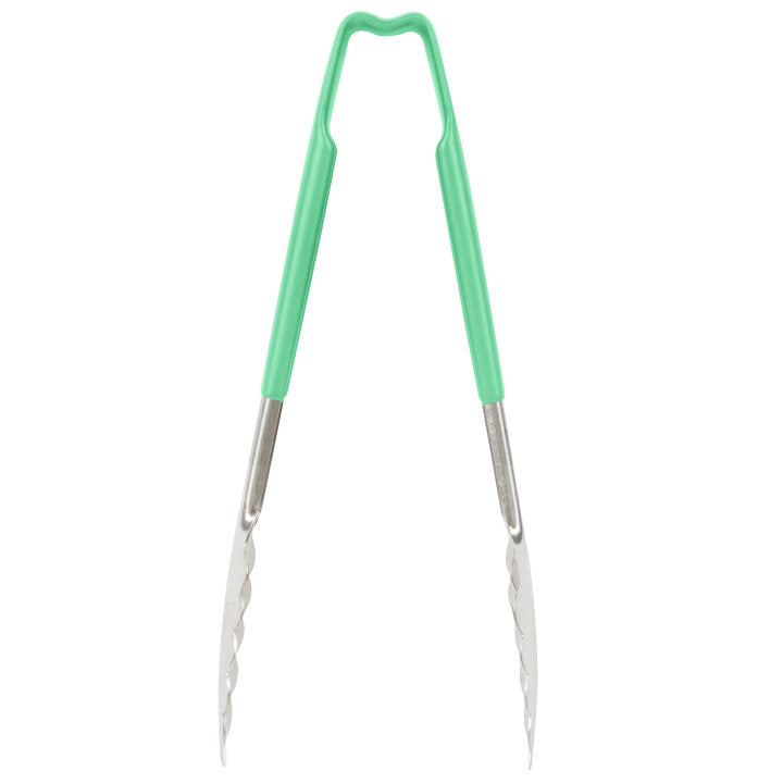 9 ½-inch stainless steel one-piece scalloped tongs with green Kool-Touch® handle - Cafe Supply
