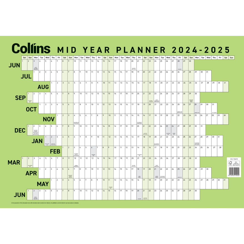 Collins Wall Planner Mid Year Laminated A2 2024/2025 - Cafe Supply