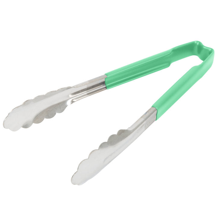 9 ½-inch stainless steel one-piece scalloped tongs with green Kool-Touch® handle - Cafe Supply