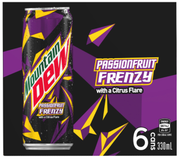 Mountain Dew Passionfruit Frenzy Soft Drink 6 x 330ml - Cafe Supply