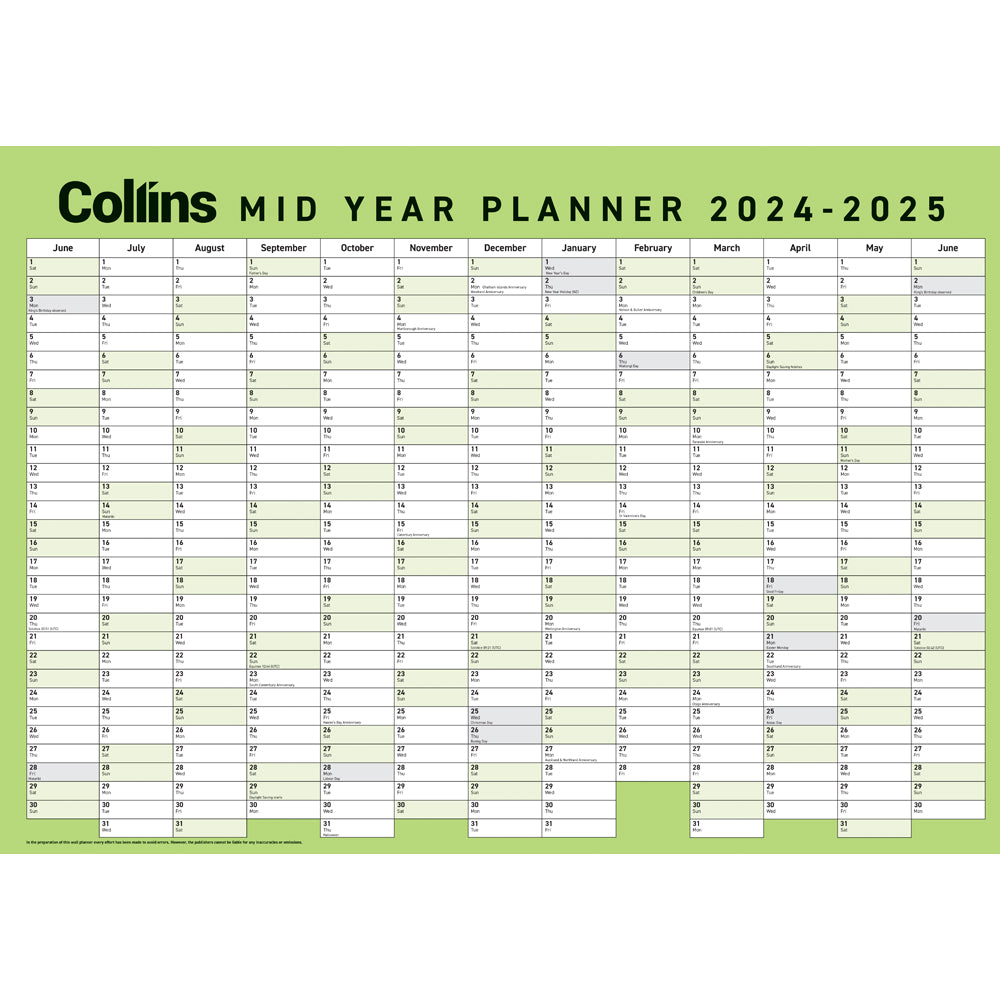 Collins Wall Planner Mid Year Laminated A2 2024/2025 - Cafe Supply