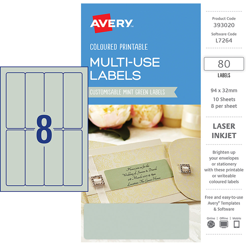 Avery Labels L7264 Mint Green 32x94 A5 8up 10 Sheets - Cafe Supply