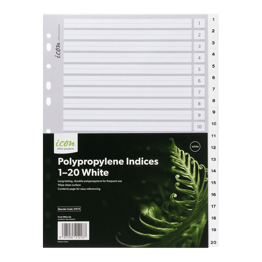 Icon PP Indices 1-20 White - Cafe Supply