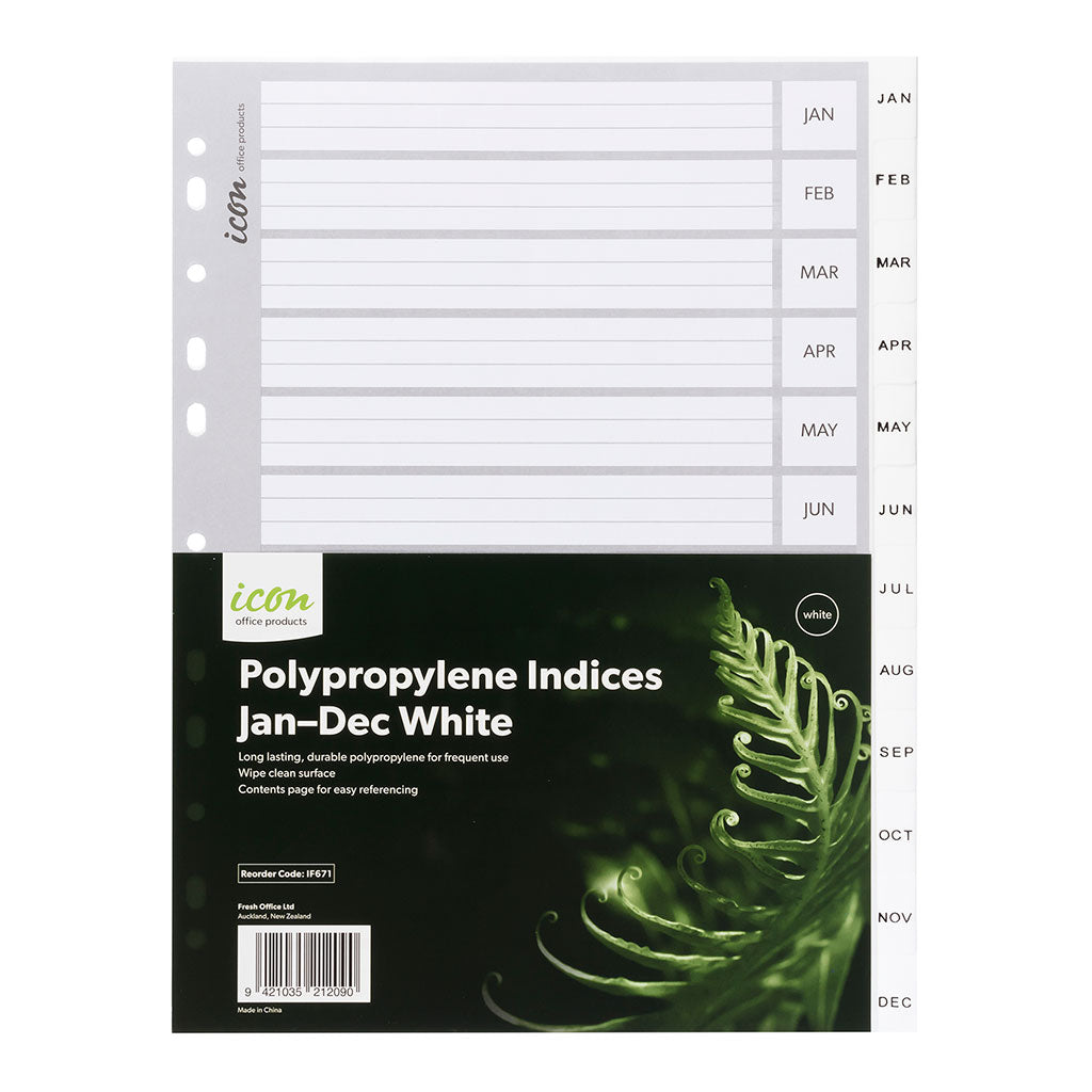 Icon PP Indices Jan-Dec White - Cafe Supply