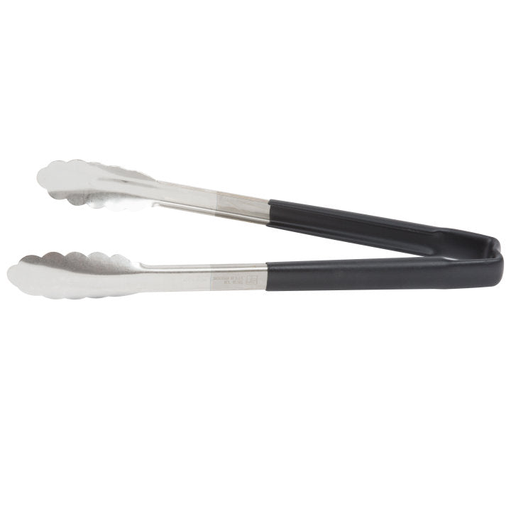 12-inch stainless steel one-piece scalloped tongs with black Kool-Touch® handle - Cafe Supply