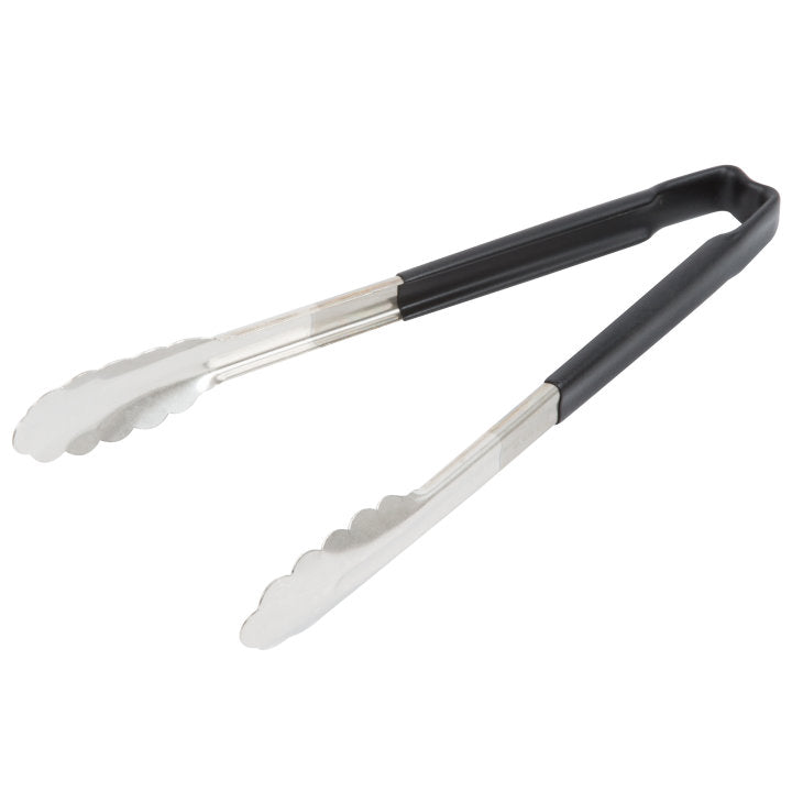 12-inch stainless steel one-piece scalloped tongs with black Kool-Touch® handle - Cafe Supply