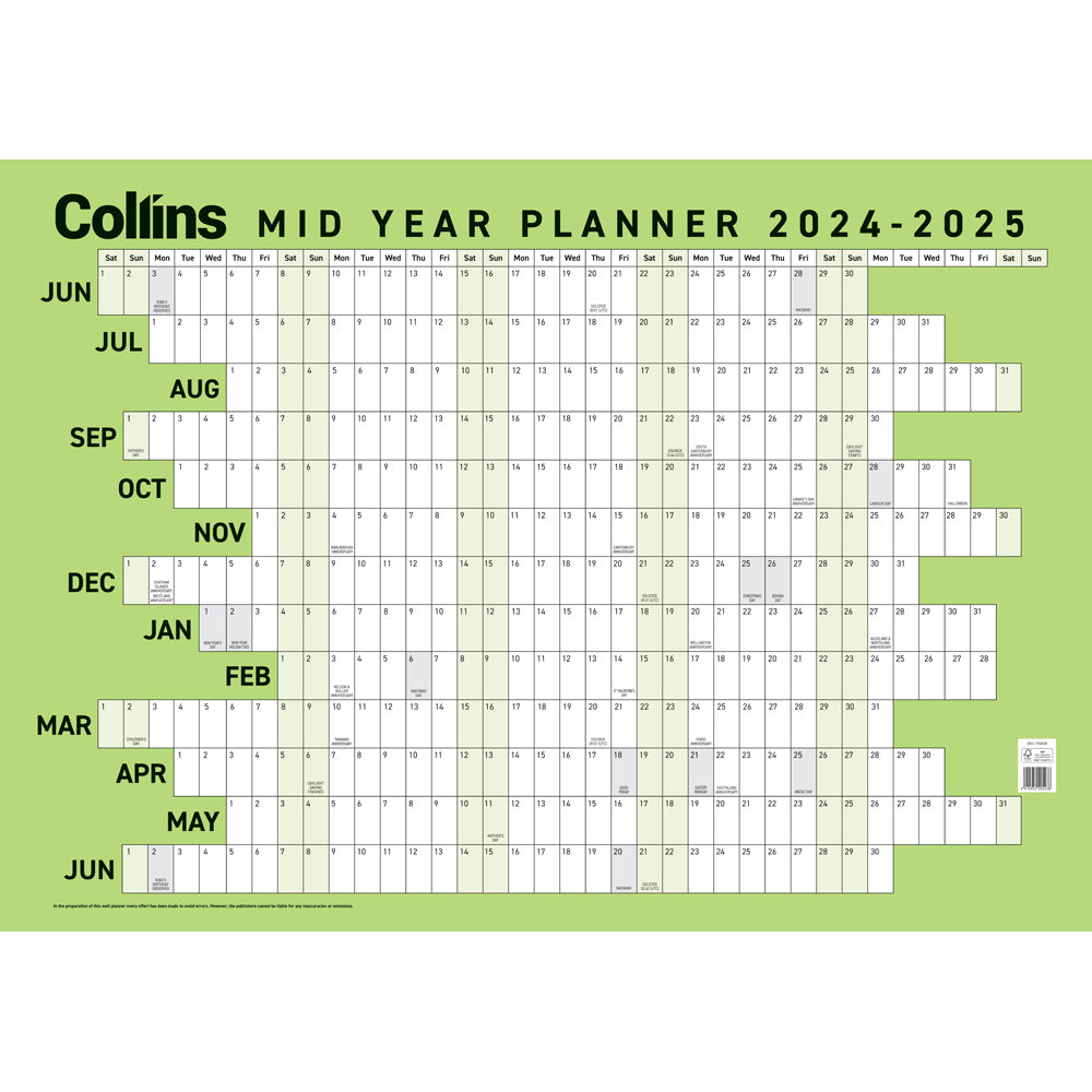 Collins Wall Planner Mid Year Large 2024/2025 Cafe Supply