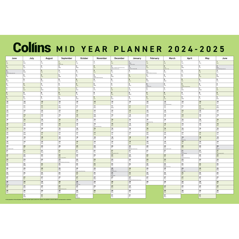 Collins Wall Planner Mid Year Large 2024/2025 - Cafe Supply