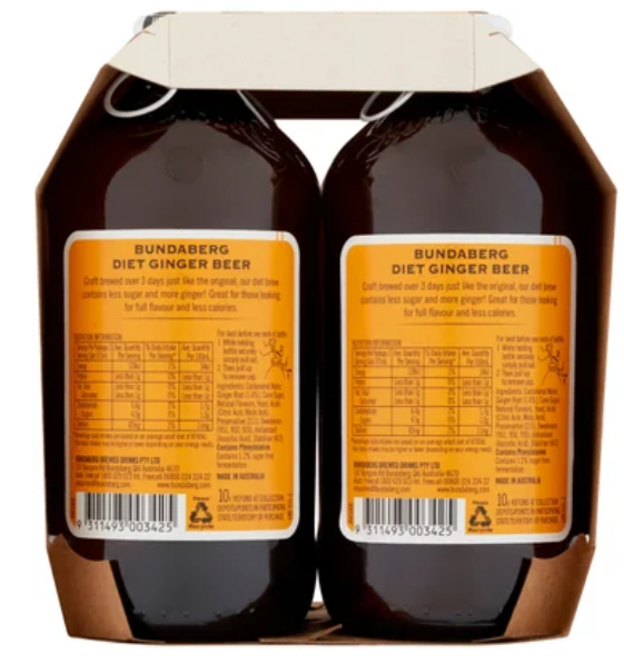 Bundaberg Diet Ginger Beer Bottles 4 x 375ml - Cafe Supply