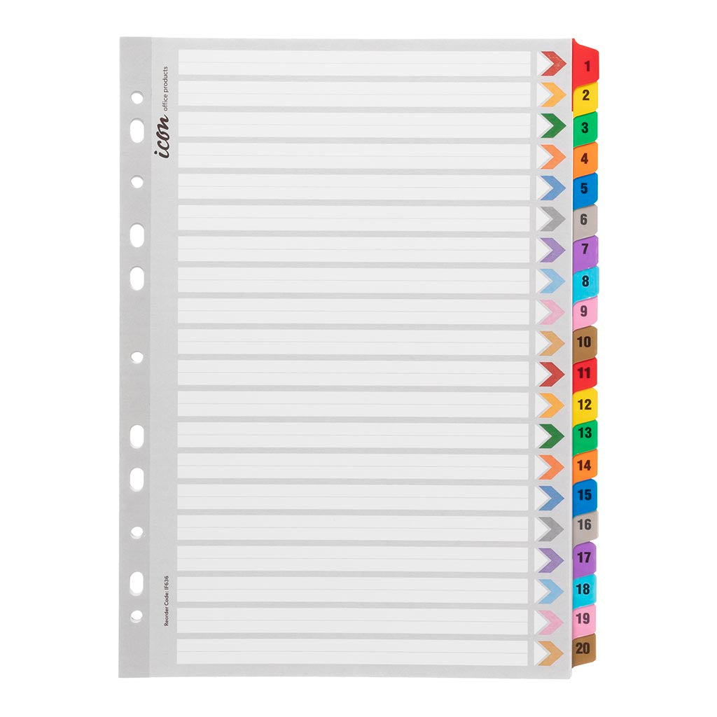 Icon Cardboard Indices with Reinforced Tabs 1-20 Coloured - Cafe Supply